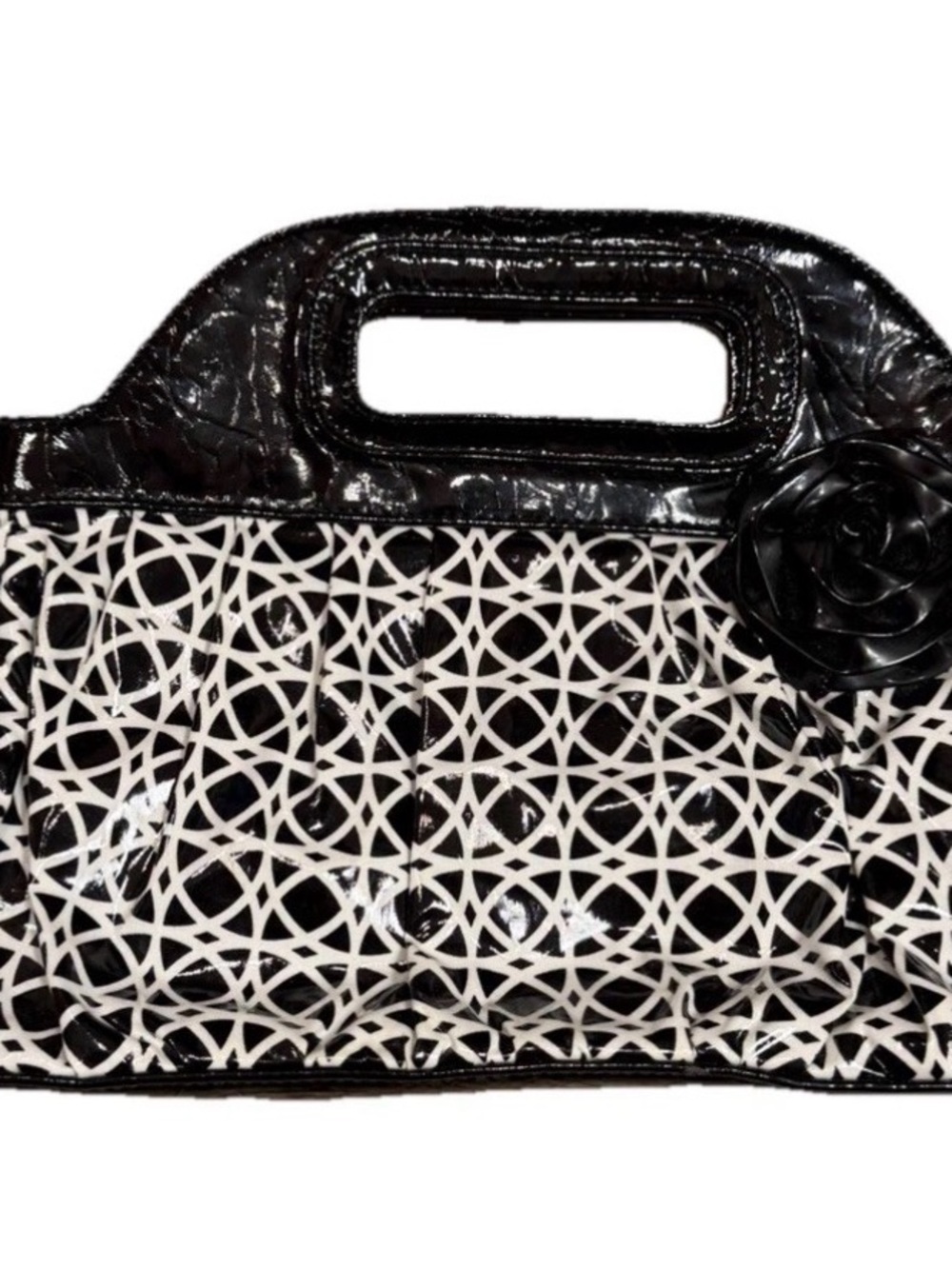 Vera Bradley y2k Black & White Patterned Patent Handbag with Floral Accent